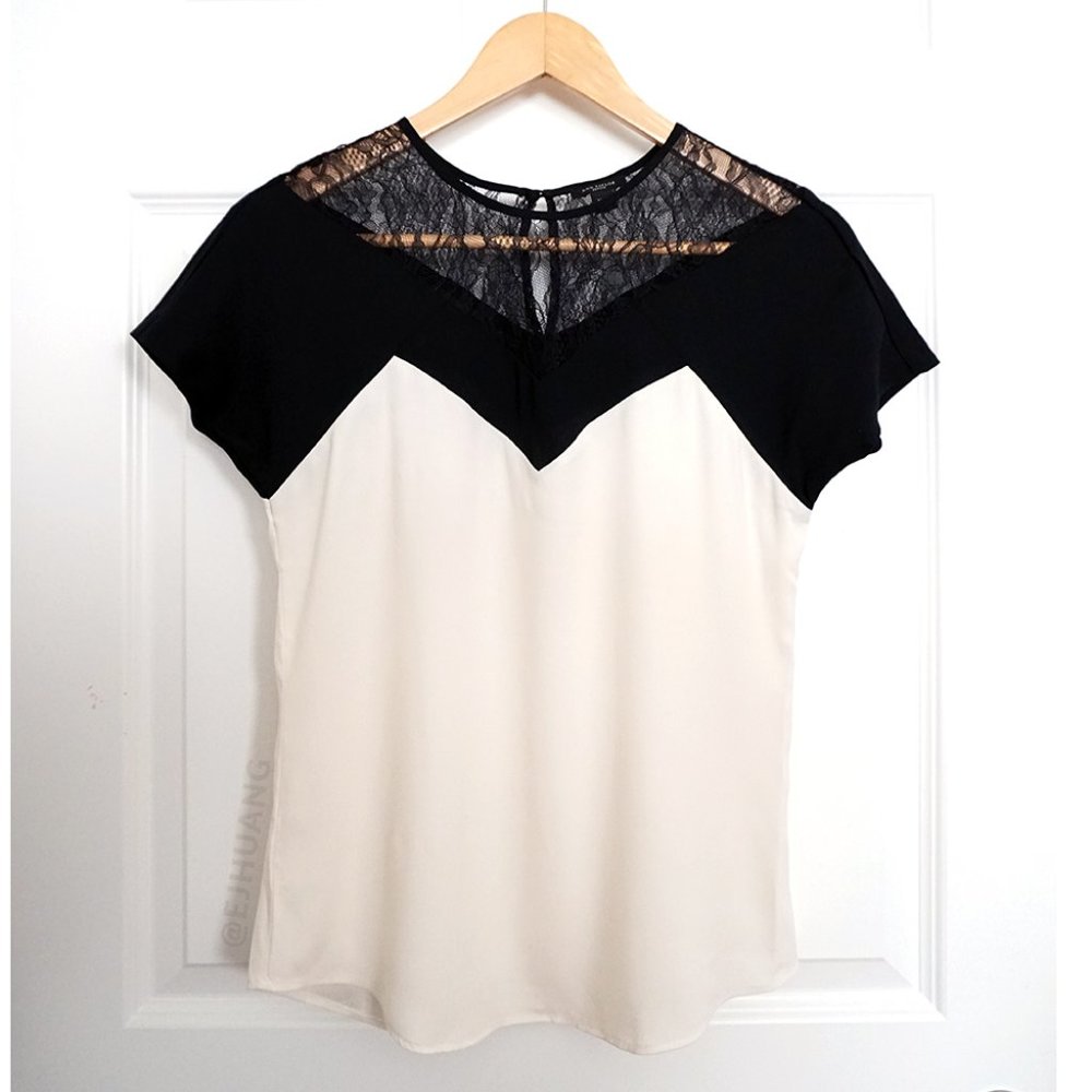 Ann Taylor Petite Crepe Colorblock Lace Short Cap Sleeve Top